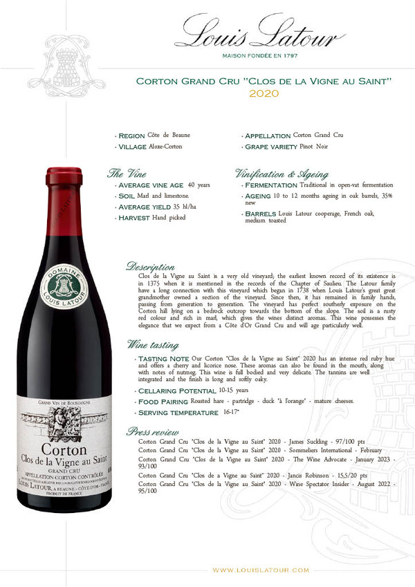 Corton Clos de la vigne au saint grand cru tech sheet